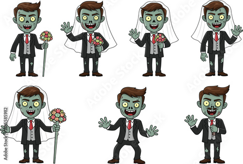 Cartoon zombie grooms in wedding suits, spooky horror characters, Halloween undead men, funny groom illustration, bouquet holding, creepy wedding art