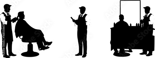 Silhouettes of men in a barbershop setting showing a haircut and waiting with a person standing | editable eps vectors
