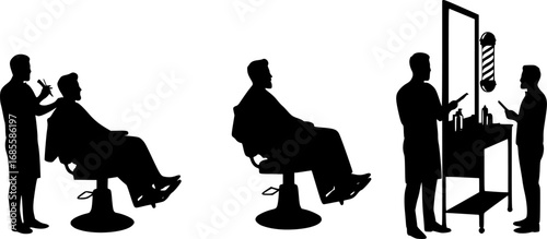 Silhouettes of men in a barbershop setting showing a haircut and waiting with a person standing | editable eps vectors

