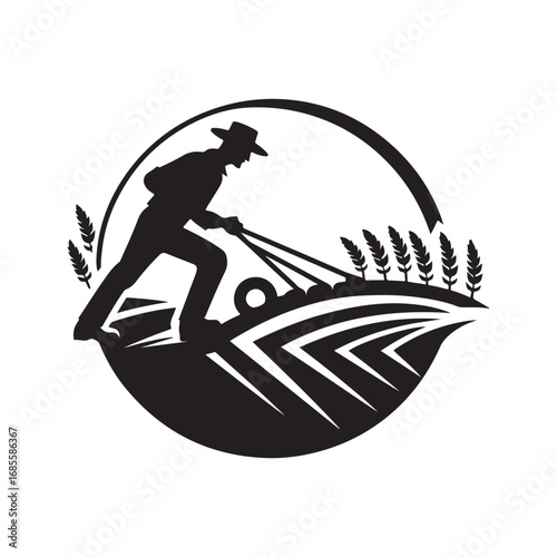 farmers plowing vector silhouette clip art logo design illustration