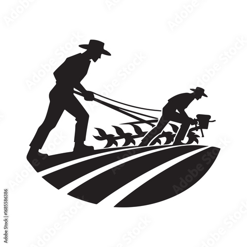 farmers plowing vector silhouette clip art logo design illustration
