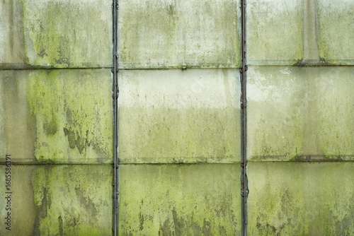  Aged greenhouse glass facade with green patina and algae stains 