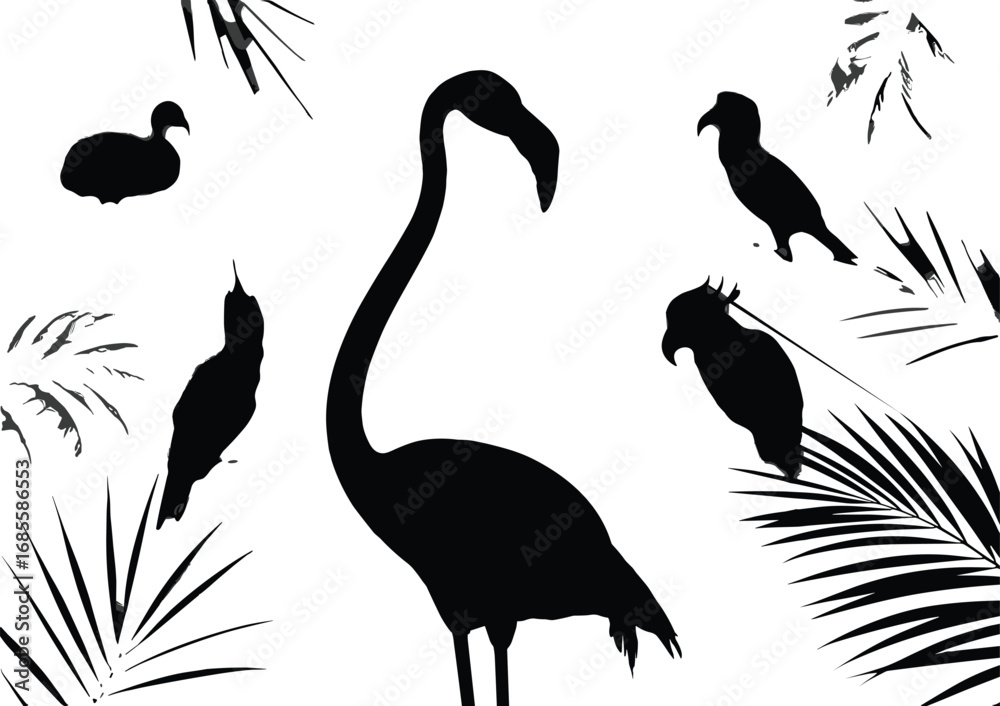 Fototapeta premium Silhouettes of exotic tropical birds in flight and standing, including flamingo and heron, with palm leaves, wildlife vector illustration