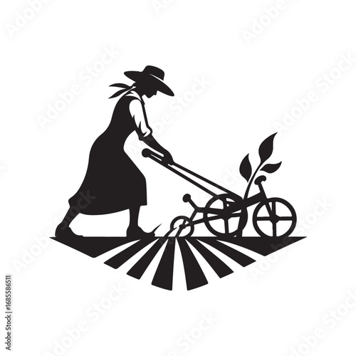farmers plowing vector silhouette clip art logo design illustration