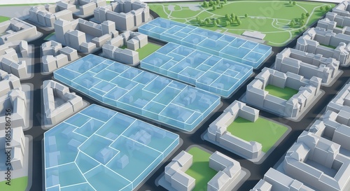 Digital 3d rendering of a city block grid perspective with highlighted properties. City area with marked land plots for urban planning.