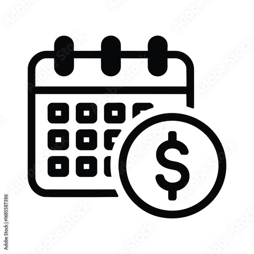 A black line icon of a calendar with a dollar sign, representing financial scheduling, payment reminders, and budget management