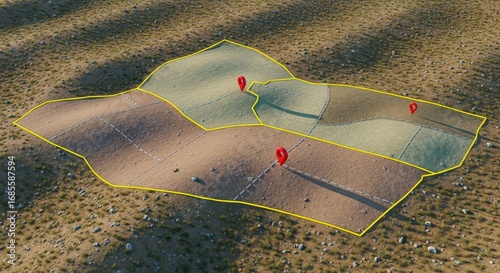 Aerial top view of a land plot with yellow borders and red location markers. Concept of land ownership, cadastral map, and property division.