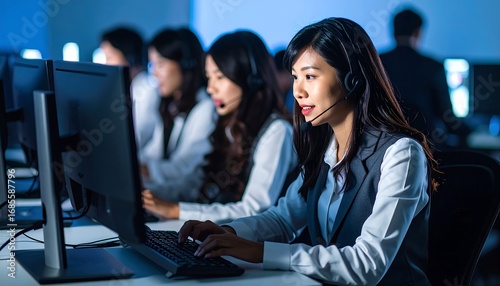 Diverse call center agents working at night