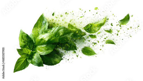 Fresh basil leaves exploding with vibrant green foam