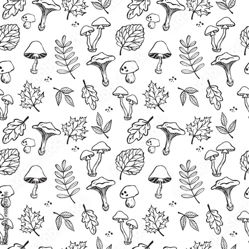 Hand-drawn mushroom and leaf pattern in black and white for fabric or stationery design. Vector illustration