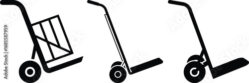 Three different types of hand trucks and dollies for moving and logistics