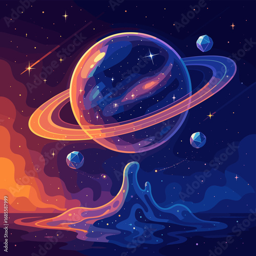 Enchanting Cosmic Dreamscape A Radiant Ringed Planet Shimmers Above a Reflective Ethereal Liquid Surface in a Vibrant Star-Filled Nebula Galaxy