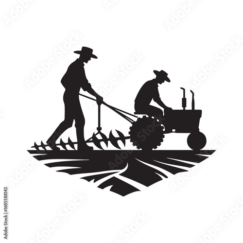 farmers plowing vector silhouette clip art logo design illustration