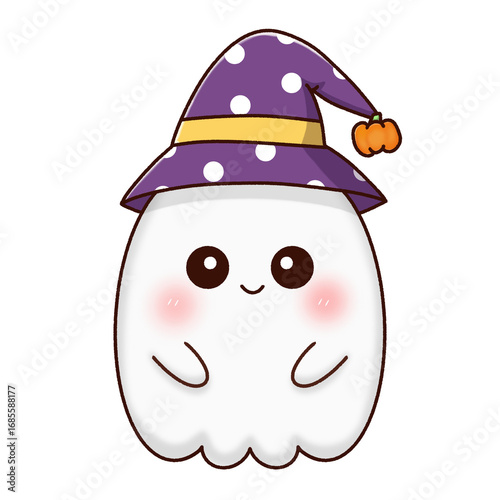 Cute little ghost wearing a witch hat.