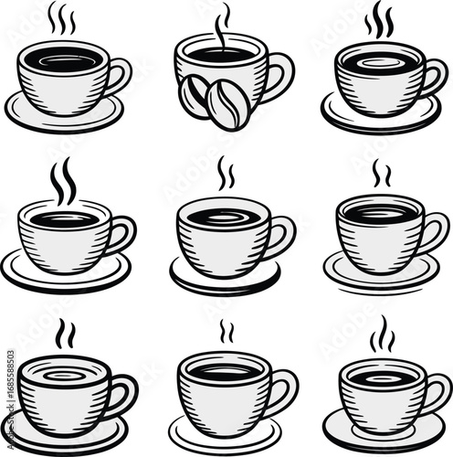 Coffee Cup Collection Set of Steaming Hot Drinks in Various Styles Icon