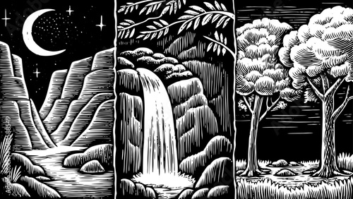 rustic jungle life concept illustrated with a hand drawn doodle icon set, featuring the moon, waterfall, trees, and rocks, perfect for tropical design projects, nature inspired artwork
