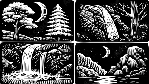 rustic jungle life concept illustrated with a hand drawn doodle icon set, featuring the moon, waterfall, trees, and rocks, perfect for tropical design projects, nature inspired artwork