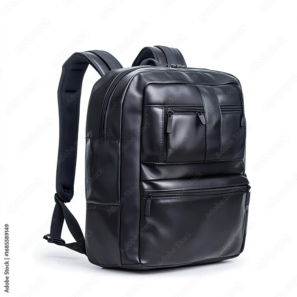 Naklejka premium Stylish black backpack urban setting product image modern environment side angle fashion accessory