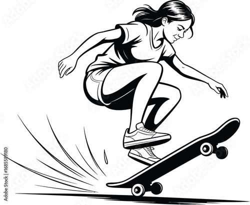 Skateboarder Girl Jumping with Board in Black and White Line Style