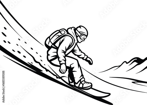 Skier Man Skiing Downhill in Black and White Line Style Illustration