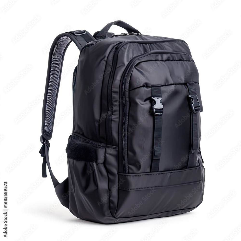 Naklejka premium Exploring versatile black backpack urban setting product photography studio environment close-up view style and functionality