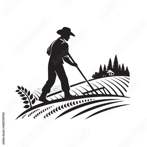 farmers plowing vector silhouette clip art logo design illustration