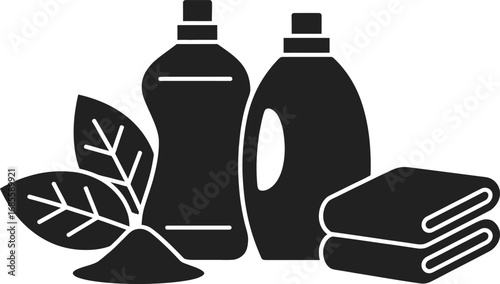 Natural laundry detergent and softener with clean towels icon