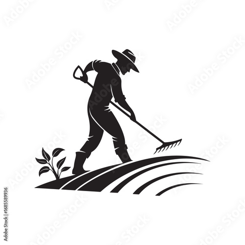 farmers plowing vector silhouette clip art logo design illustration