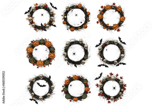 Gothic Halloween Wreaths with Skulls, Pumpkins, and Bats PNG on Transparent Background