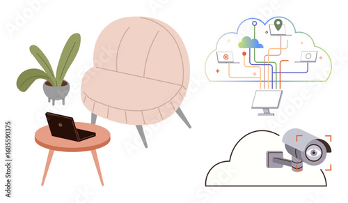 Chair, table, laptop, potted plant, cloud network connecting devices, CCTV camera in cloud. Ideal for home automation, IoT, smart devices cloud computing cybersecurity remote work modern living
