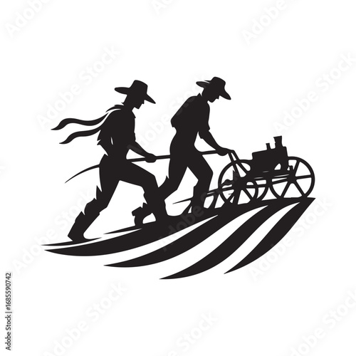 farmers plowing vector silhouette clip art logo design illustration