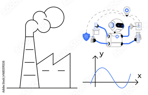 Factory with smoke stacks, multitasking robot performing tasks, and graph analysis. Ideal for technology, AI, robotics, data management automation industry 4.0 innovation. Simple flat metaphor