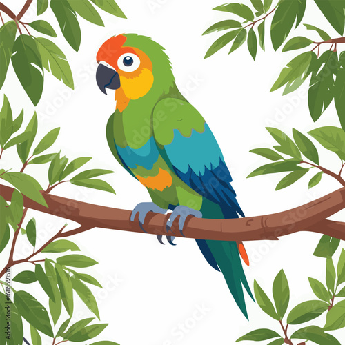 Cute Cartoon Parrot on a Tree Branch with Tropical Leaves, Vector Illustration for Nature and Jungle Themes

