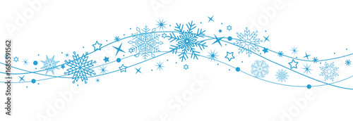 Snowflakes border in wave shape . Blue snowflakes with stars border . Beautiful snowflakes wave vector . Christmas decoration .	
