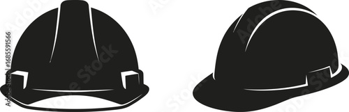 Black silhouette of two construction hard hats on white background