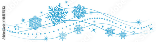 Snowflakes border in wave shape . Blue snowflakes with stars border . Beautiful snowflakes wave vector . Christmas decoration .	