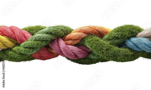 Multicolored braided ropes intertwined with patches of vibrant green moss