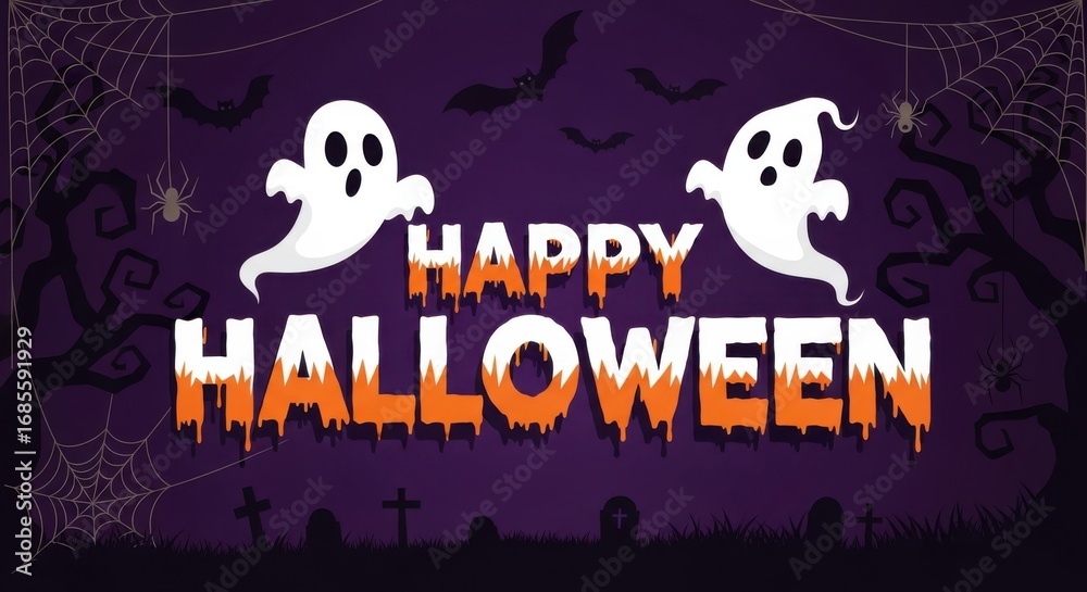 Fototapeta premium Happy halloween text with ghosts and bats on a spooky purple background with cobwebs and crosses