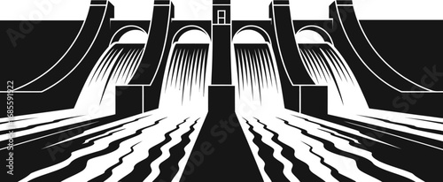 Stylized graphic illustration of a large concrete dam with water flowing through multiple spillways