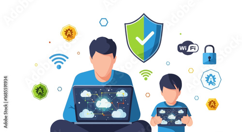 Father and son connected digitally using laptops.