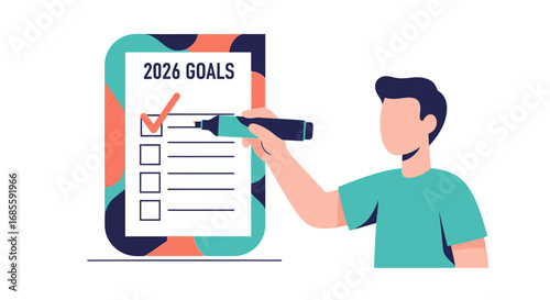 Man marking goals on a checklist for the year 2026 planning future achievements.