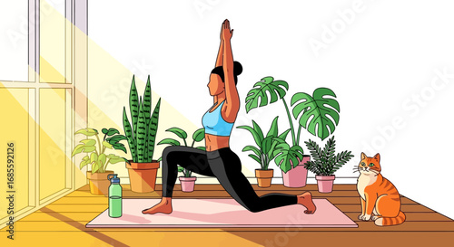 Young woman performing a yoga pose indoors on a mat.