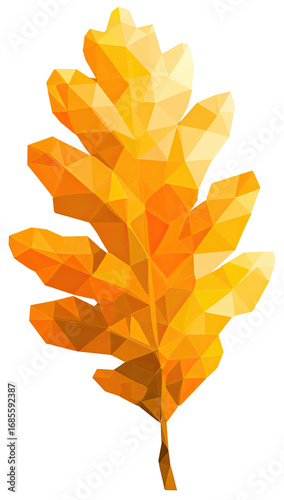 A stylized, vibrant orange-yellow oak leaf, rendered in a low-poly, polygonal style.  The leaf's intricate veining is suggested by the angular facets