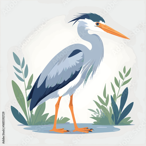 Cute Cartoon Heron Bird Vector Illustration Standing in Water with Plants

