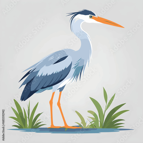 Cute Cartoon Heron Bird Vector Illustration Standing in Water with Plants

