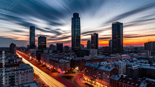 Wallpaper Mural Dynamic timelapse of Warsaw's cityscape at dusk, showcasing vibrant light trails and stunning Torontodigital.ca