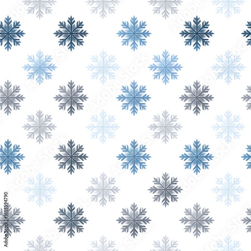 White snowflakes of varying sizes float gently against a serene blue backdrop, evoking a tranquil winter vibe SEAMLESS PATTERN