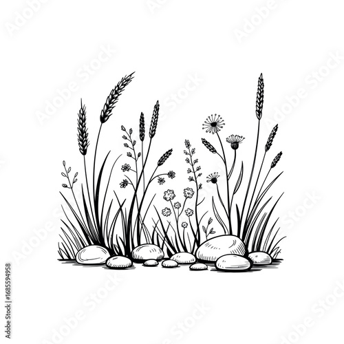 Black and white sketch of wild grass and pebbles on white background drawing illustration