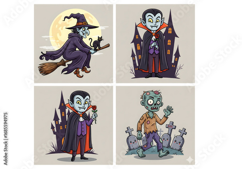 Cute Cartoon Halloween Characters with Witch, Vampire, and Zombie PNG on Transparent Background