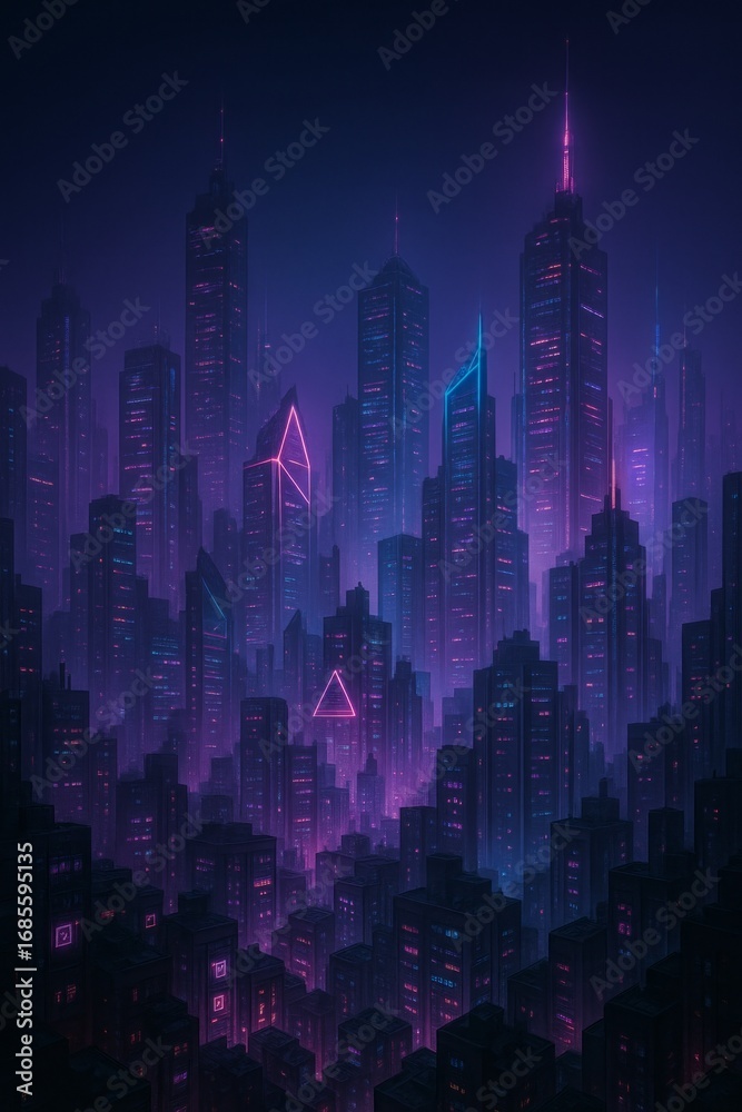 Fototapeta premium Futuristic cityscape at night illuminated by neon lights and geometric shapes